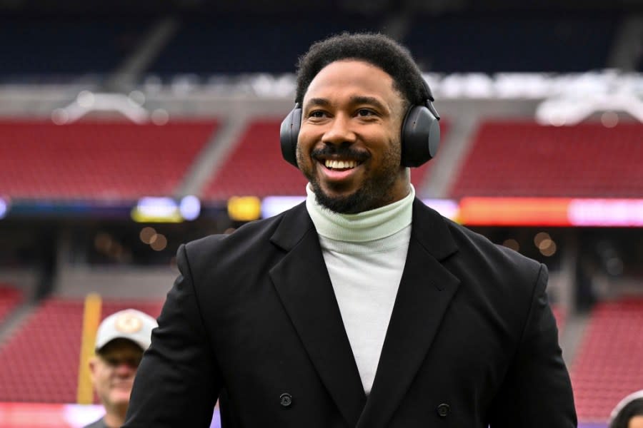 Cleveland Browns defensive end Myles Garrett arrives prior to an NFL wild-card playoff football game, Saturday, Jan 13, 2024, in Houston. (AP Photo/Maria Lysaker)