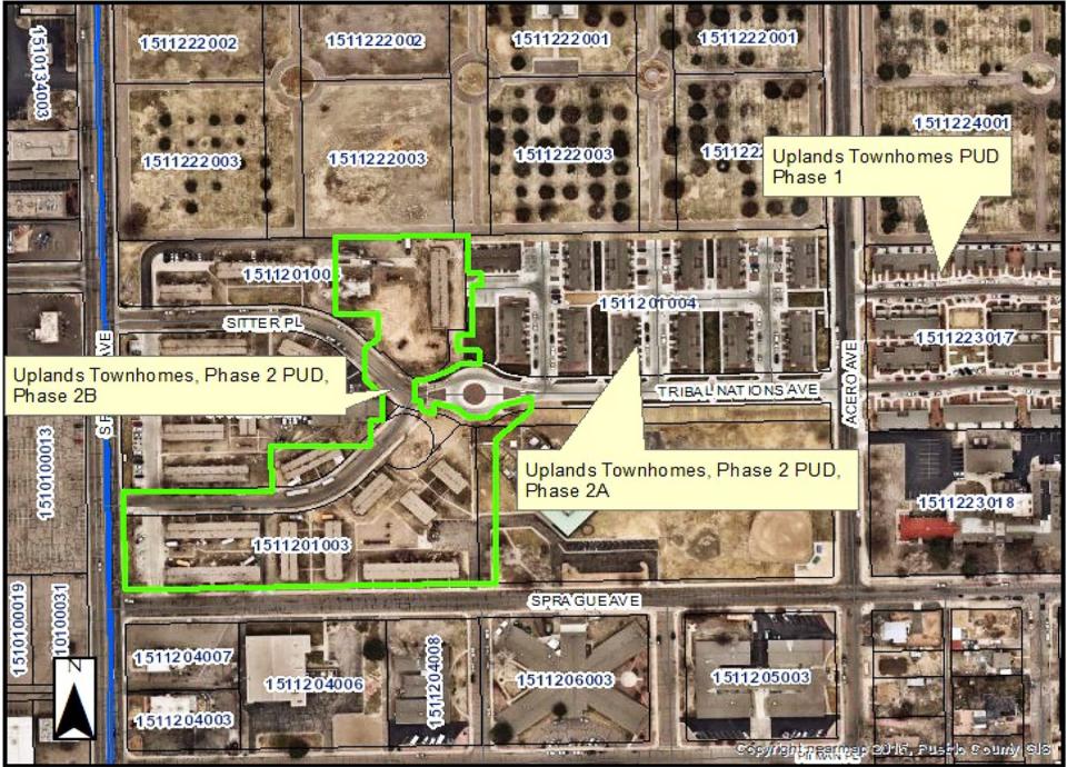 The Pueblo Planning and Zoning Commission on Wednesday approved the planned unit development for the Uplands Townhomes Phase 2B, outlined in green, where 11 existing Sangre de Cristo Apartments will be replaced by 12 multifamily residential structures to provide affordable housing for the Housing Authority of Pueblo.