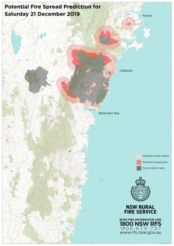 Map shows potential areas where bushfires may spread in New South Wales on Saturday, December 21, 2019