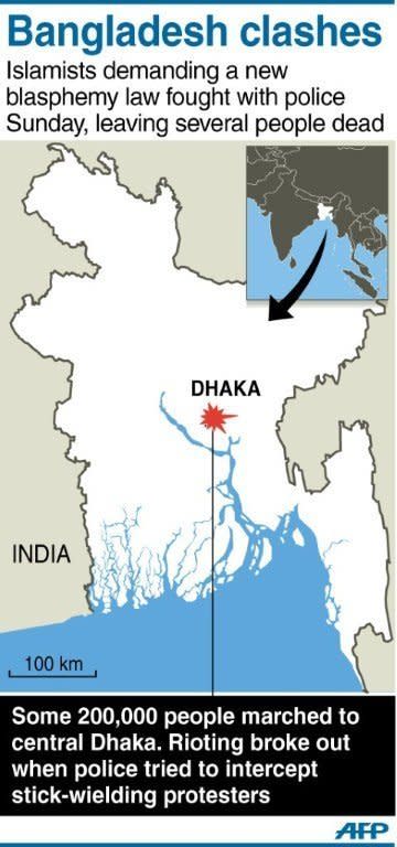 Graphic showing Dhaka in Bangladesh where hundreds of thousands of Islamists demanding a new blasphemy law on Sunday blocked highways and fought running battles with police, leaving 10 people dead and hundreds injured