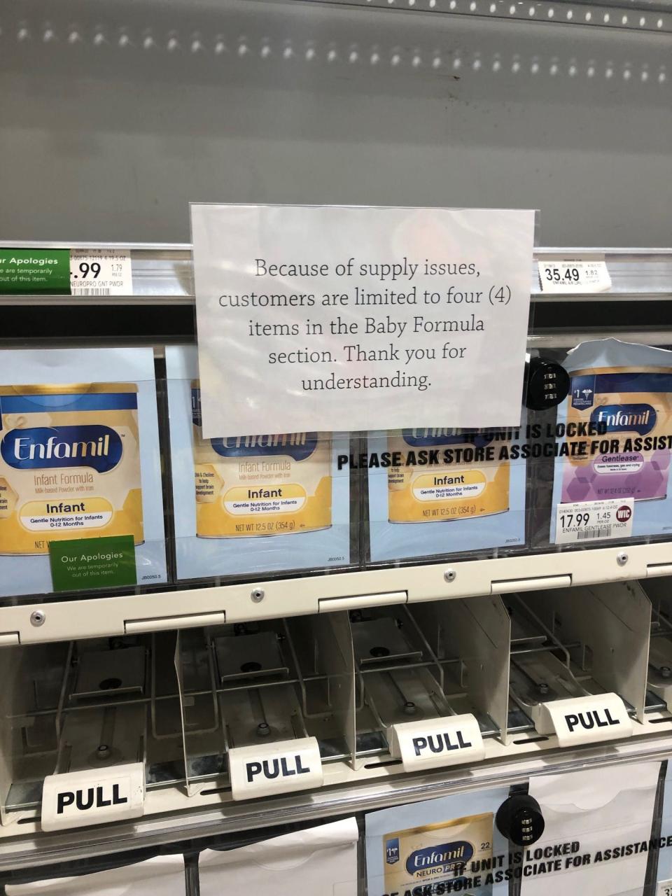 As a nationwide baby formula shortage drags on, signs alert customers to a limit on baby formula at a Brevard Publix.