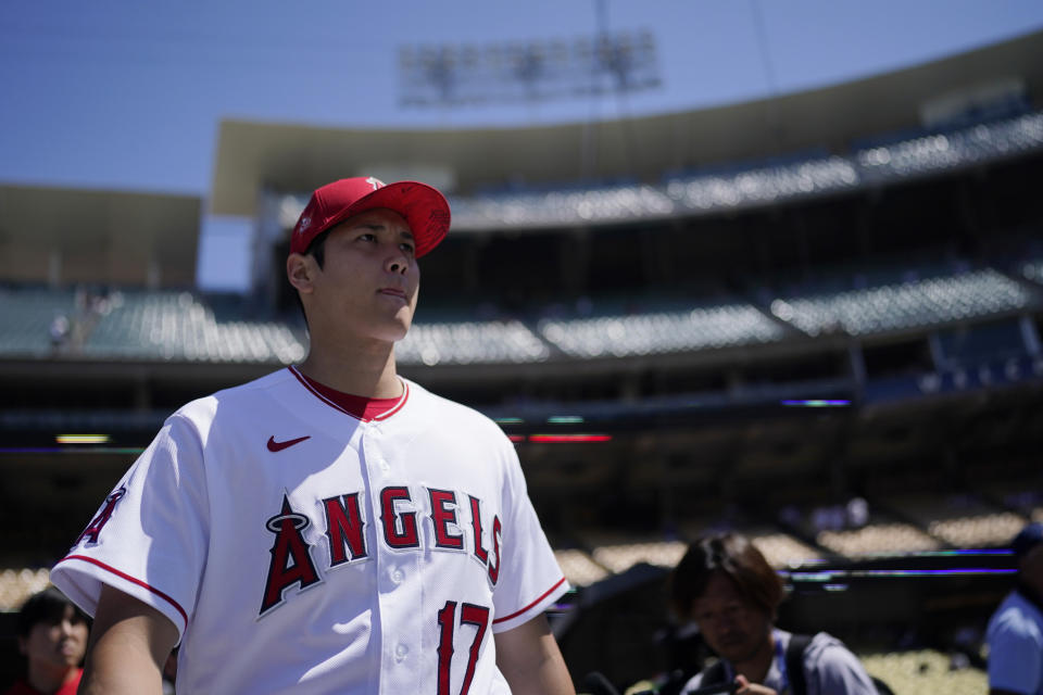 Los Angeles Angels' Shohei Ohtani enters the field during batting practice a day before the 2022 MLB All-Star baseball game, Monday, July 18, 2022, in Los Angeles. (AP Photo/Jae C. Hong)