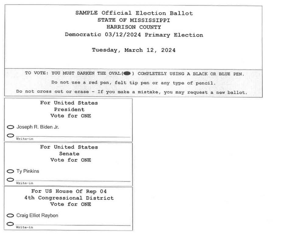 The Democratic sample ballot for voters in Harrison County in the March 12 Primary Election