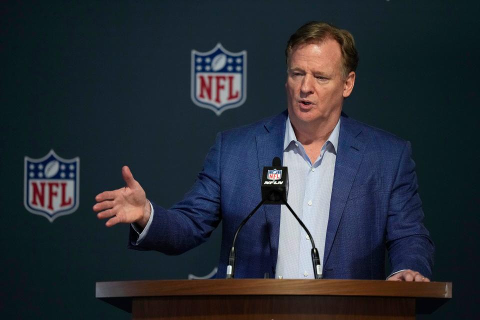 NFL Commissioner Roger Goodell answers questions from reporters at a press conference following the close of the NFL owner's meeting, Tuesday, March 29, 2022, at The Breakers resort in Palm Beach, Fla.