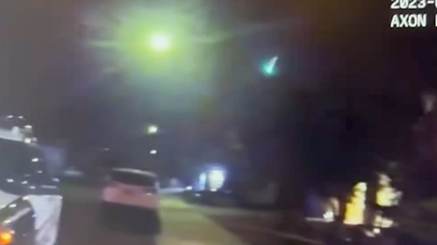 <em>On April 30 around 11:50 p.m., a Las Vegas Metro police officer’s body camera video recorded as something streaked low across the sky. Several people across eastern California, Nevada and Utah reported seeing the flash, according to the American Meteor Society. (KLAS)</em>