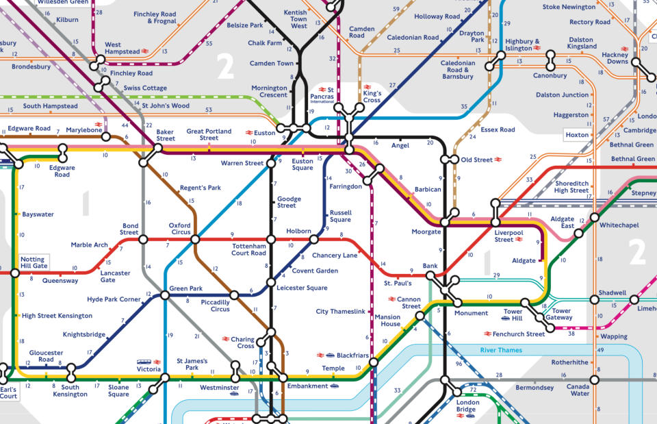 A map shows the walking times between stations on the Tube network. (TfL)