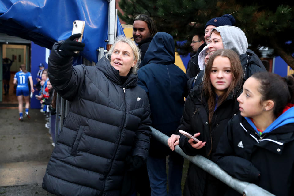 Chelsea manager Emma Hayes (left) meets with the fans after the final whistle in the Barclays Women's Super League match at Walton Hall Park, Liverpool. Picture date: Sunday November 12, 2023. (Photo by Tim Markland/PA Images via Getty Images)