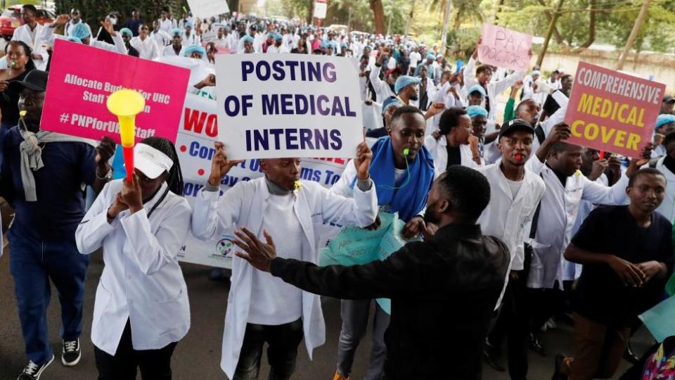 Doctors and medical practitioners under the Kenya Medical Practitioners Pharmacists and Dentists Union (KMPDU) participate in a demonstration to demand payment of their salary arrears and the immediate hiring of trainee doctors, among other grievances, in Nairobi, Kenya, April 9, 2024