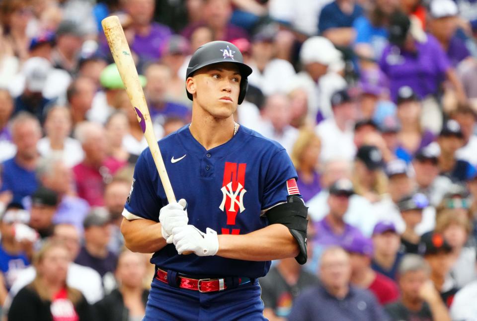Jul 13, 2021; Denver, Colorado, USA; American League right fielder Aaron Judge of the New York Yankees (99) at bat against the American League during the second inning of the 2021 MLB All Star Game at Coors Field. Mandatory Credit: Mark J. Rebilas-USA TODAY Sports