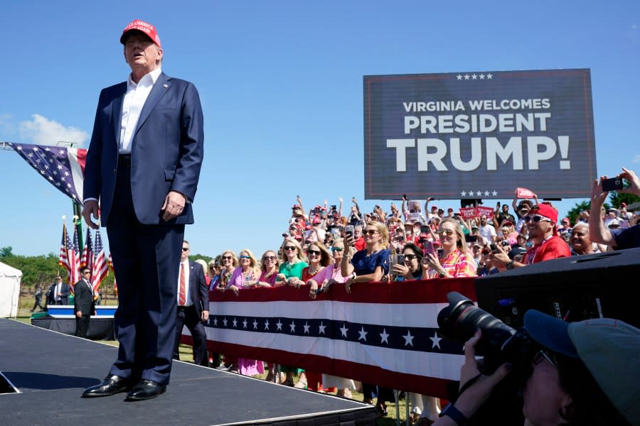 Republican presidential candidate former President Donald Trump arrives at a campaign rally in Chesapeake, Va., Friday, June 28, 2024. (AP Photo/Steve Helber)