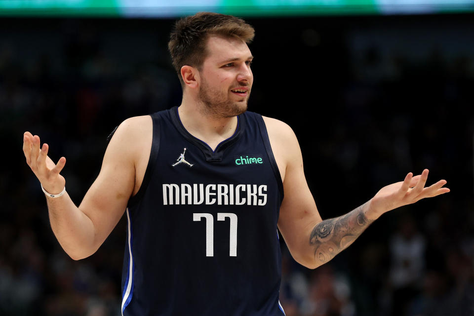 Dallas Mavericks guard Luka Doncic reacts against the Golden State Warriors during Game 3 of the Western Conference Finals at the American Airlines Center in Dallas on May 22, 2022.  (Tom Pennington/Getty Images)