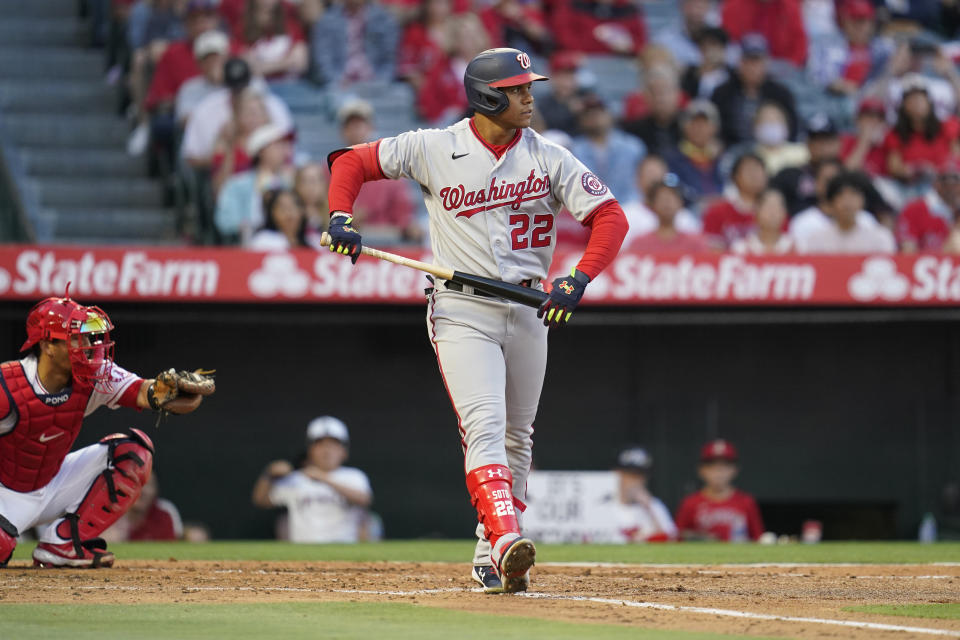 Washington Nationals' Juan Soto (22) walks to first during the third inning of a baseball game against the Los Angeles Angels in Anaheim, Calif., Friday, May 6, 2022. (AP Photo/Ashley Landis)