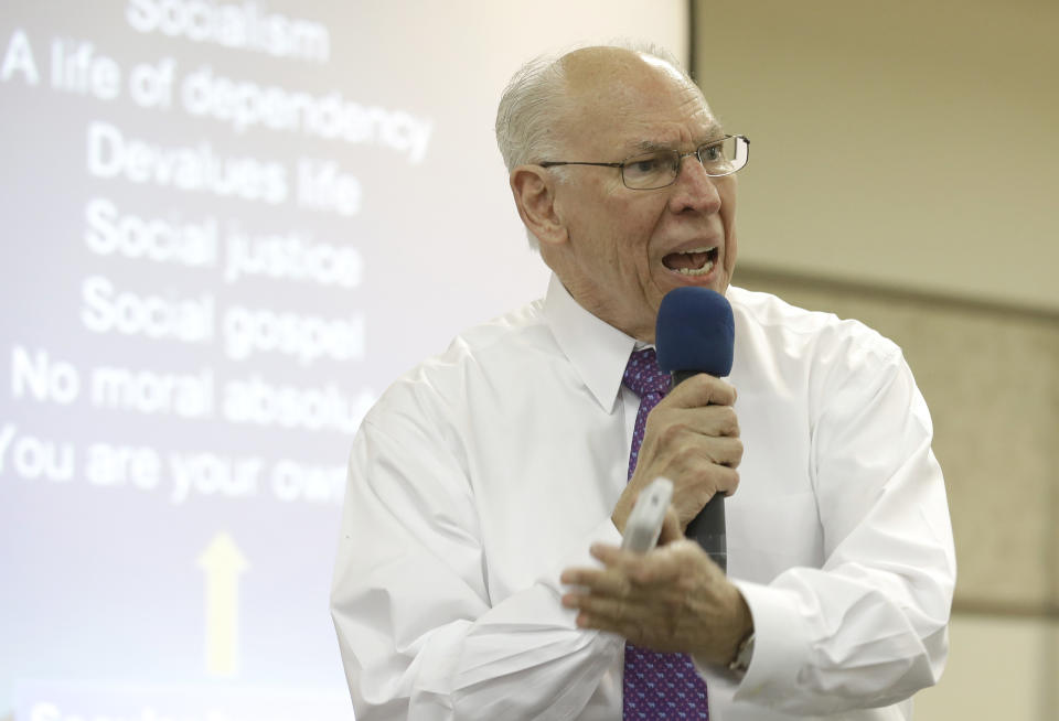 Rafael Cruz speaks during a tea party gathering Friday, Jan. 10, 2014, in Madisonville, Texas. The father of U.S. Senator Ted Cruz has turned some heads by calling for sending Barack Obama “back to Kenya” and dismissing the president as an “outright Marxist” out to “destroy all concept of God.” (AP Photo/Pat Sullivan)