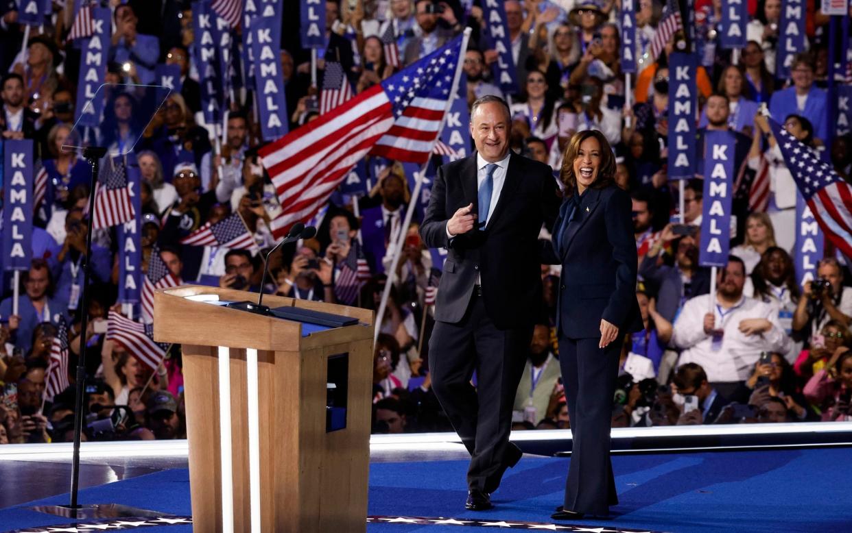 Doug Emhoff and Kamala Harris after she accepted the Democratic nomination at the party conference in Chicago