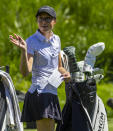 McKenzi Hall, of UNLV, waves to friends watching her on the 13th tee during the first day of the LPGA T-Mobile Match Play golf tournament at Shadow Creek on Wednesday, April 3, 2024, in North Las Vegas, Nev. (L.E. Baskow/Las Vegas Review-Journal via AP)