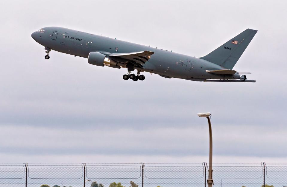 A KC-46 refueling plane is shown in September 2020, arriving at Tinker Air Force Base for its first maintenance check.