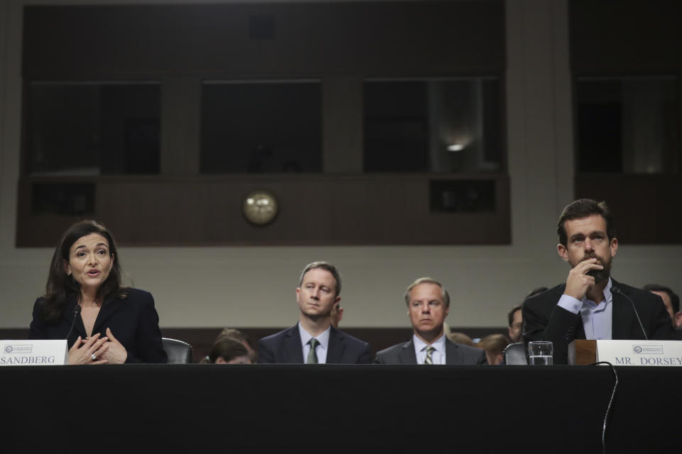 WASHINGTON, DC - SEPTEMBER 5: (L-R) Facebook chief operating officer Sheryl Sandberg and Twitter chief executive officer Jack Dorsey testify during a Senate Intelligence Committee hearing concerning foreign influence operations' use of social media platforms, on Capitol Hill, September 5, 2018 in Washington, DC. Twitter CEO Jack Dorsey and Facebook chief operating officer Sheryl Sandberg faced questions about how foreign operatives use their platforms in attempts to influence and manipulate public opinion. (Photo by Drew Angerer/Getty Images)