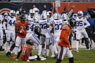 Indianapolis Colts' Julian Blackmon (32) celebrates with teammates after an interception during the second half of an NFL football game against the Chicago Bears, Sunday, Oct. 4, 2020, in Chicago. (AP Photo/Nam Y. Huh)