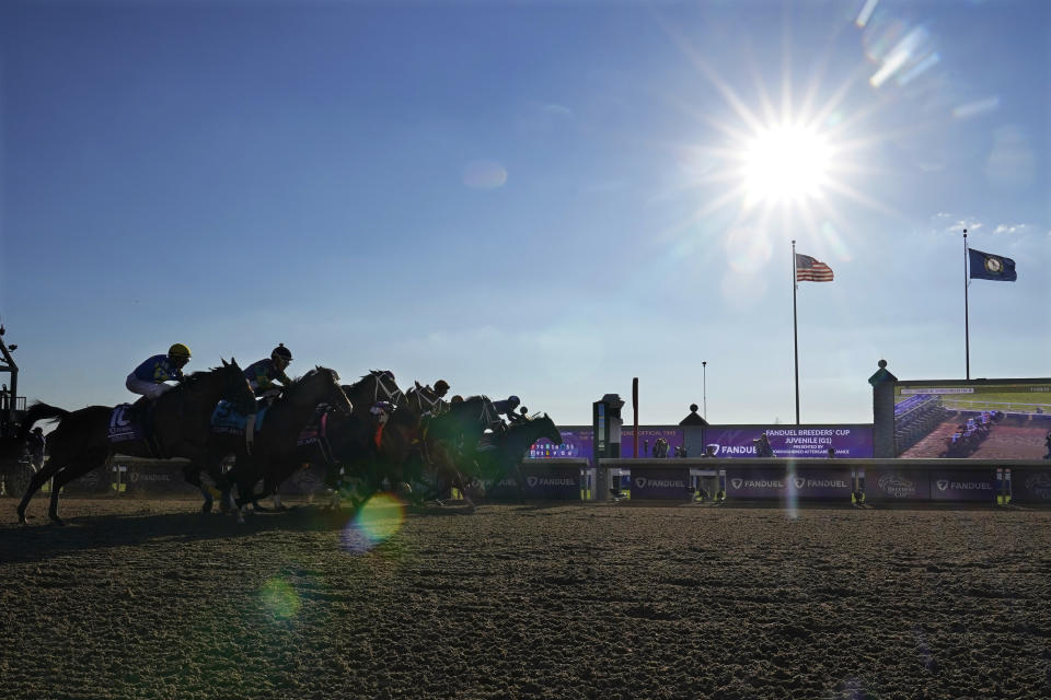 Riders break out of the gates during the Breeders' Cup Juvenile race at the Keenelend Race Course, Friday, Nov. 4, 2022, in Lexington, Ky. (AP Photo/Darron Cummings)