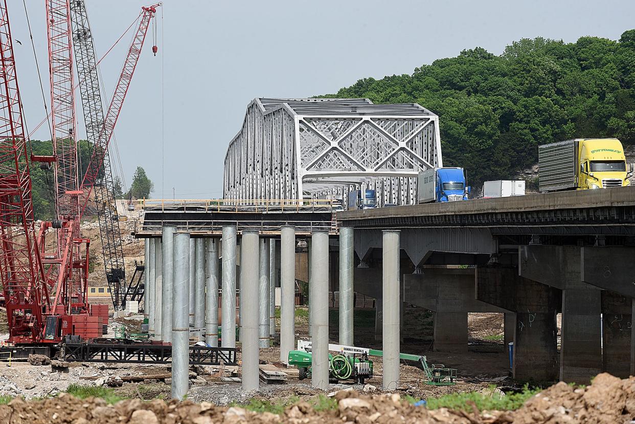 Several bridge pillars have been installed for the new Lance Cpl. Leon Deraps Interstate 70 Missouri River Bridge. The first bridge is expected to be completed in 2023 and the second bridge in 2024.