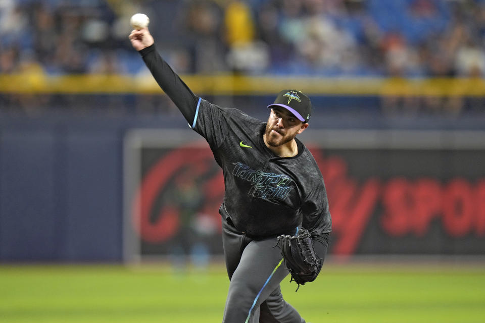 Tampa Bay Rays starting pitcher Aaron Civale delivers to the New York Mets during the first inning of a baseball game Friday, May 3, 2024, in St. Petersburg, Fla. (AP Photo/Chris O'Meara)