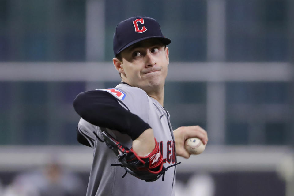 Cleveland Guardians starting pitcher Logan Allen throws against the Houston Astros during the first inning of a baseball game Thursday, May 2, 2024, in Houston. (AP Photo/Michael Wyke)