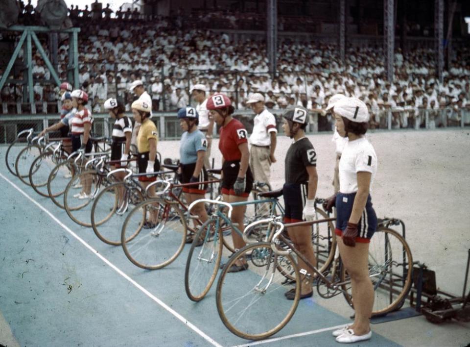 Competitors prepare for a keirin race at Kokura Velodrome in May 1954.