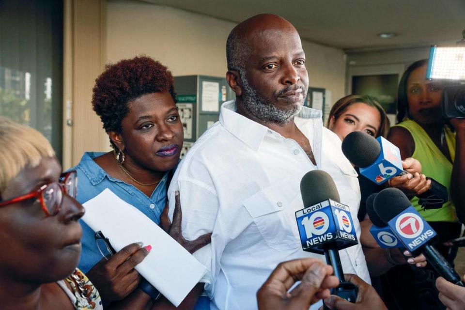 Sidney Holmes, 57, speaks to the media, surrounded by family after being released from Broward’s Main Jail after being exonerated on Monday, March 13, 2023.