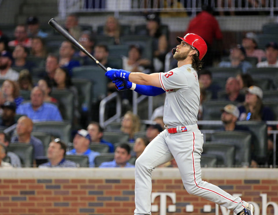 ATLANTA, GA - SEPTEMBER 18: Philadelphia Phillies Outfield Bryce Harper (3) hits a home run during the MLB game between the Atlanta Braves and the Philadelphia Phillies on September 18, 2019 at SunTrust Park in Atlanta, GA.(Photo by Jeff Robinson/Icon Sportswire via Getty Images)