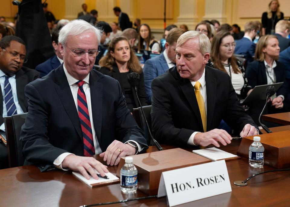 Jeffrey Rosen, former acting Attorney General, left, and Richard Donoghue, former acting Deputy Attorney General, before the start of the public hearing before the Jan. 6 committee Thursday.