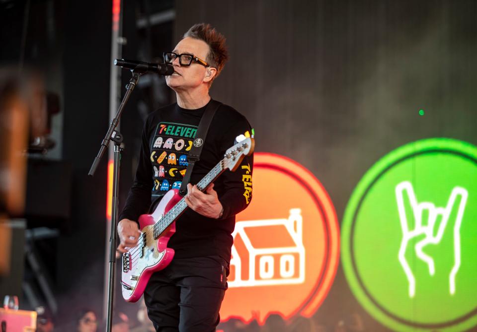 Blink-182 bassist and vocalist Mark Hoppus performs April 14 during the Coachella Valley Music and Arts Festival in Indio, Calif.