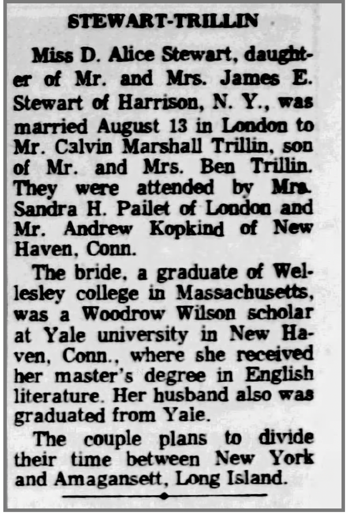 Calvin and Alice Trillin’s 1963 wedding announcement in The Kansas City Star.