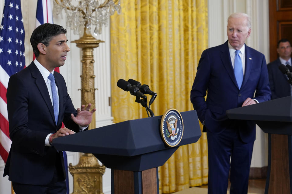 President Joe Biden listens as British Prime Minister Rishi Sunak speaks during a news conference in the East Room of the White House in Washington, Thursday, June 8, 2023. (AP Photo/Susan Walsh)