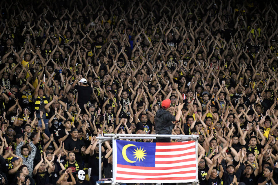 Harimau Malaya fans are seen during the Qatar 2022 Fifa World Cup qualifying match between Malaysia and Indonesia at Bukit Jalil Stadium November 19, 2019. — Bernama pic