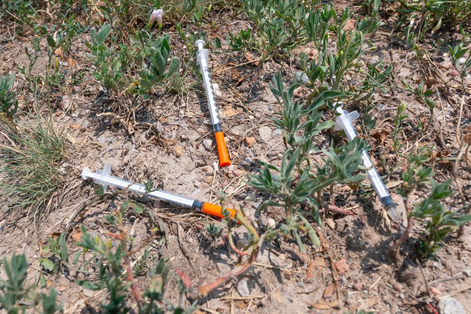 Discarded needles lay near the El Centro Del Quinto Sol skate park on Tuesday July 20, 2021.