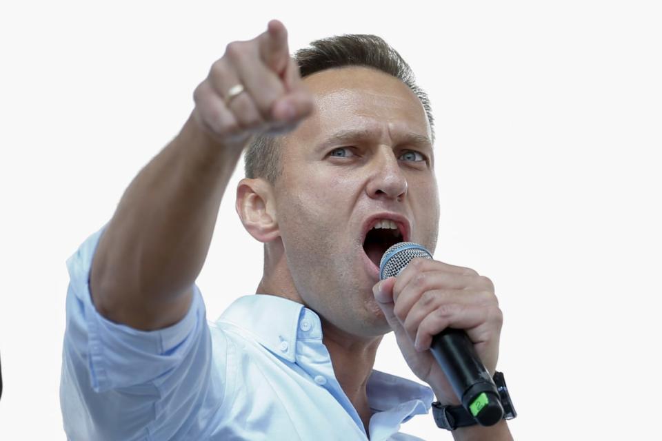 <div class="inline-image__caption"><p>Russian opposition leader Alexei Navalny addresses demonstrators during a rally to support opposition and independent candidates in Moscow, July 20, 2019. </p></div> <div class="inline-image__credit">MAXIM ZMEYEV/AFP via Getty Images</div>