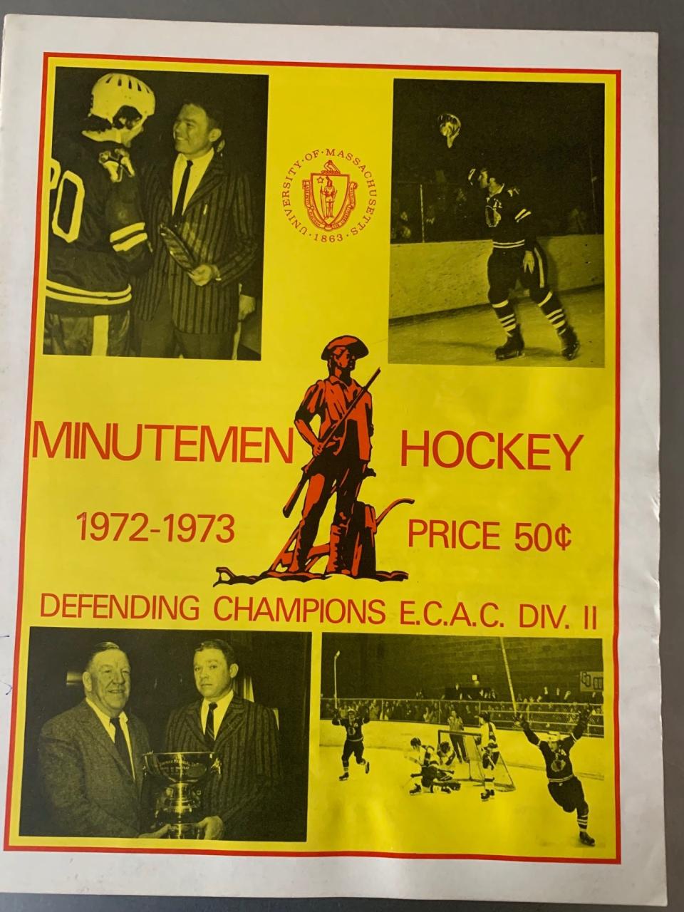 Not long after the Student Government Association vote at UMass in September 1972, the new nickname of Minutemen adorned the cover of the 1972-73 hockey game program.
