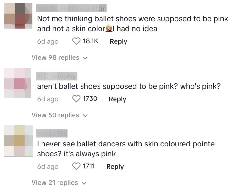 Screenshot of TikTok comments, including "Not me thinking ballet shoes were supposed to be pink and not a skin color I had no idea"
