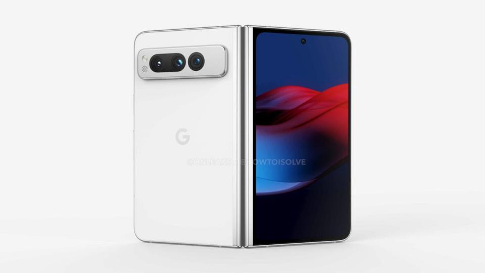 A rendering of Google’s Pixel Fold showcases its external design when unfolded (HowToiSolve)