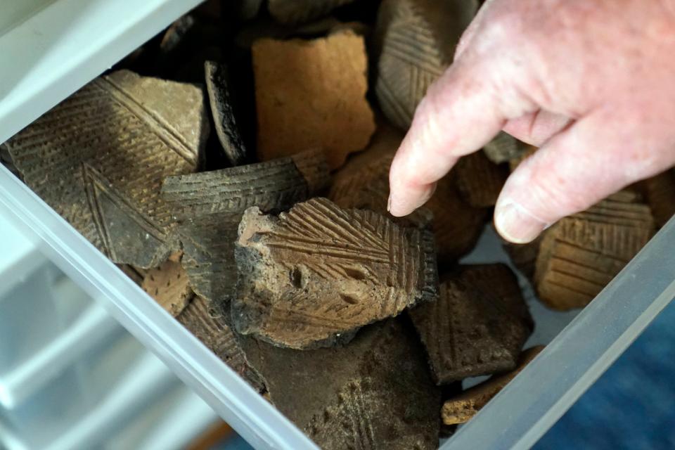 Pieces of pottery from the collection of Native American artifacts started by the late Gustav Grotz, most of which were found in North Jersey. Photographed in Wilfred Grotz's home in Wayne on Wednesday, June 21, 2023.