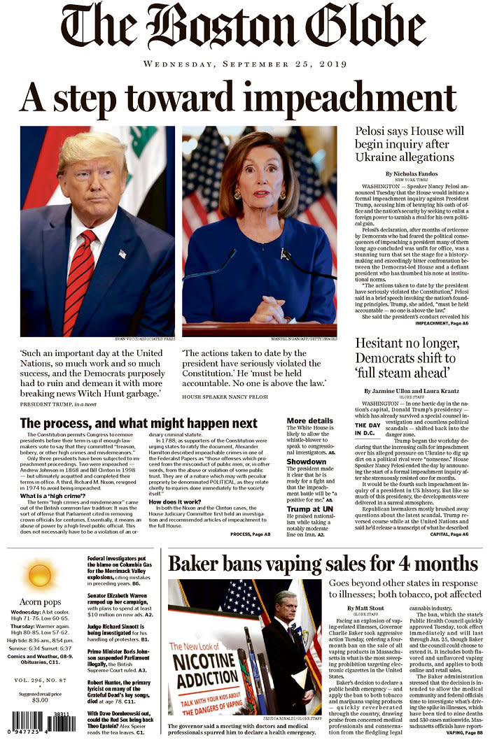A step toward impeachment The Boston Globe Published in Boston, Mass. USA. (newseum.org)