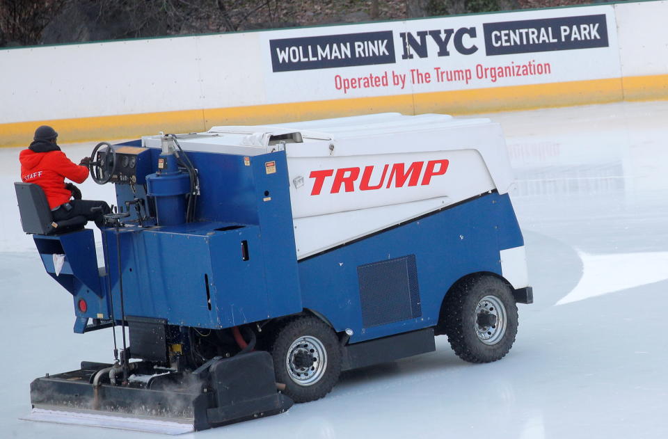 A worker drives a Zamboni at Wollman Rink in Central Park, after the city severed several contracts with the Trump Organization, in New York City, U.S., January 14, 2021.  REUTERS/Brendan McDermid