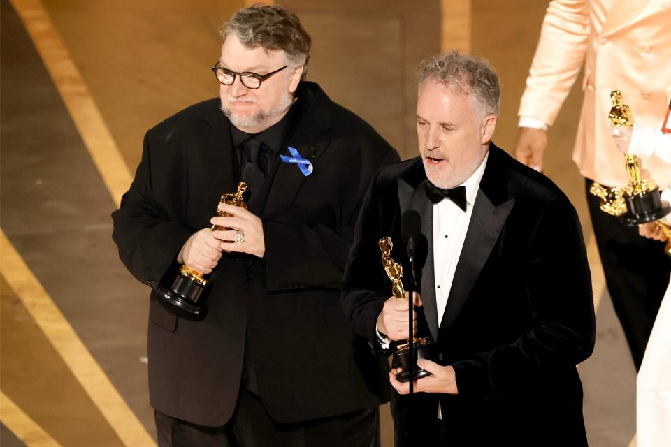 Guillermo del Toro and Mark Gustafson accept the Best Animated Feature Film award for "Guillermo del Toro's Pinocchio" onstage during the 95th Annual Academy Awards at Dolby Theatre on March 12, 2023 in Hollywood, California.