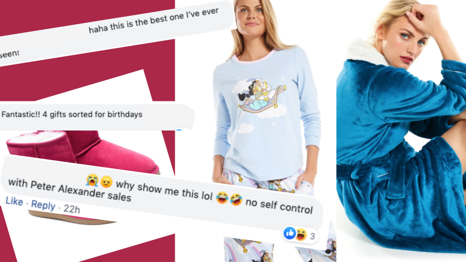 Pictured: Women wearing Peter Alexander Aladdin pyjamas and blue dressing gown, comments on Facebook. Images: Facebook, Peter Alexander