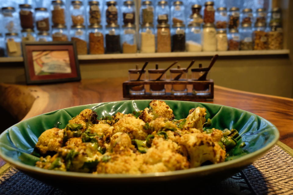 This Jan. 18, 2020 photo shows a vegetarian dish made of cauliflower. If you’re seeking to eliminate animal products from your diet in the new year, Bucknell assistant professor of psychology Anna Baker suggests making one vegetarian meal per week. After three weeks, you can add another vegetarian meal, eventually working up to a fully animal-free diet. (Ted Anthony via AP)