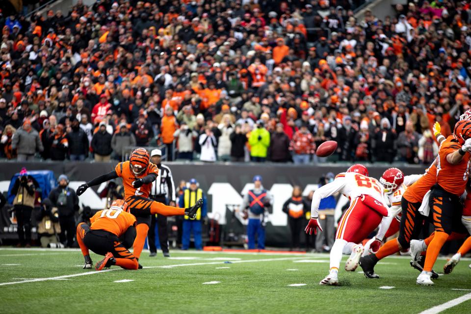 Cincinnati Bengals kicker Evan McPherson (2) hits a game winning field goal as time expires in the NFL game on Sunday, Jan. 2, 2022, at Paul Brown Stadium in Cincinnati. Cincinnati Bengals defeated Kansas City Chiefs 34-31. 