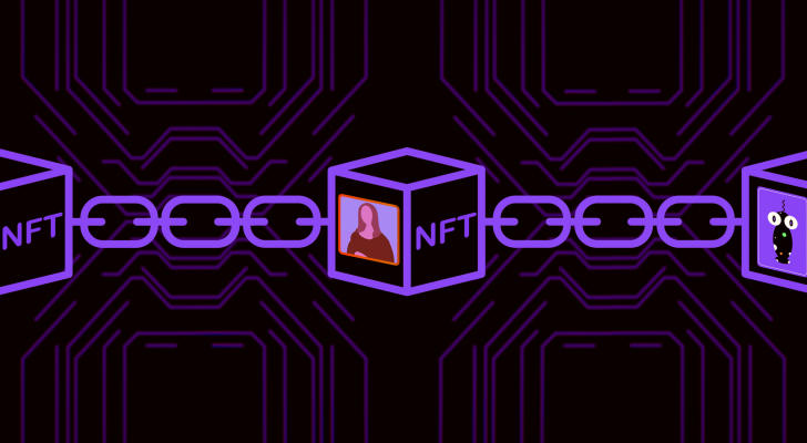 An image of blockchain; cubes of art and NFTs connected by a chain