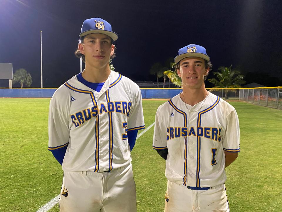 Florida pitcher commit Sam Lovitz (left) and shortstop Finn Duran (right) were key to a 1-0 win for Cardinal Newman baseball on Wednesday. After sending Umatilla home to Orlando, the Crusaders advanced to Saturday region semifinals against Saint John Paul II.