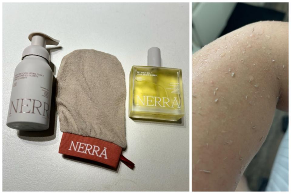 (L) The secret to silky smooth skin is this three-step routine from NERRĀ; (R) Just a fraction of the dead skin that came off after first use.