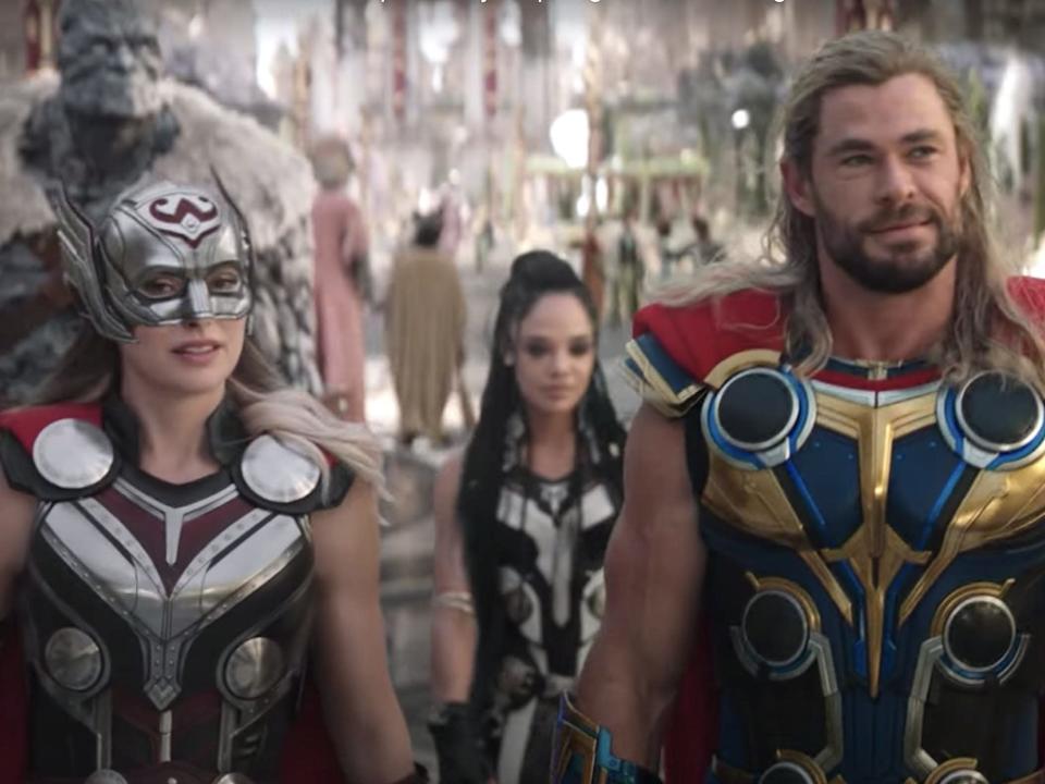 Natalie Portman as Mighty Thor and Chris Hemsworth as Thor in &quot;Thor: Love and Thunder.&quot;